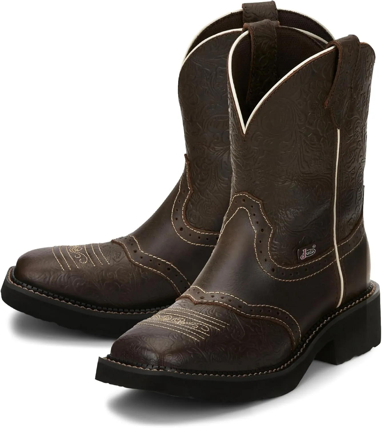 Justin Mandra 8” Western Boots for Women - Durable Cowhide Leather Square Toe Cowgirl Boots with Vivid Stitching, J-Flex Comfort & Non-Slip Outsoles