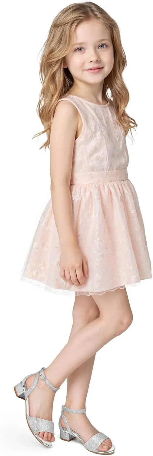 K KomForme Girls Sandals Low Chunky Heels Dress Pumps Ankle Strap Open Toe Flower Wedding Party Dress Shoes for Toddler/Little Kid/Big Kid