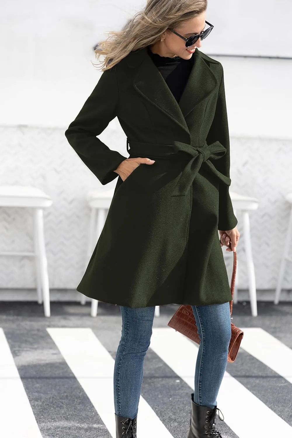 Kate Kasin Women A Line Peacoat Dress Coat Belted Notch Lapel Overcoat Fall Winter Trench Coats
