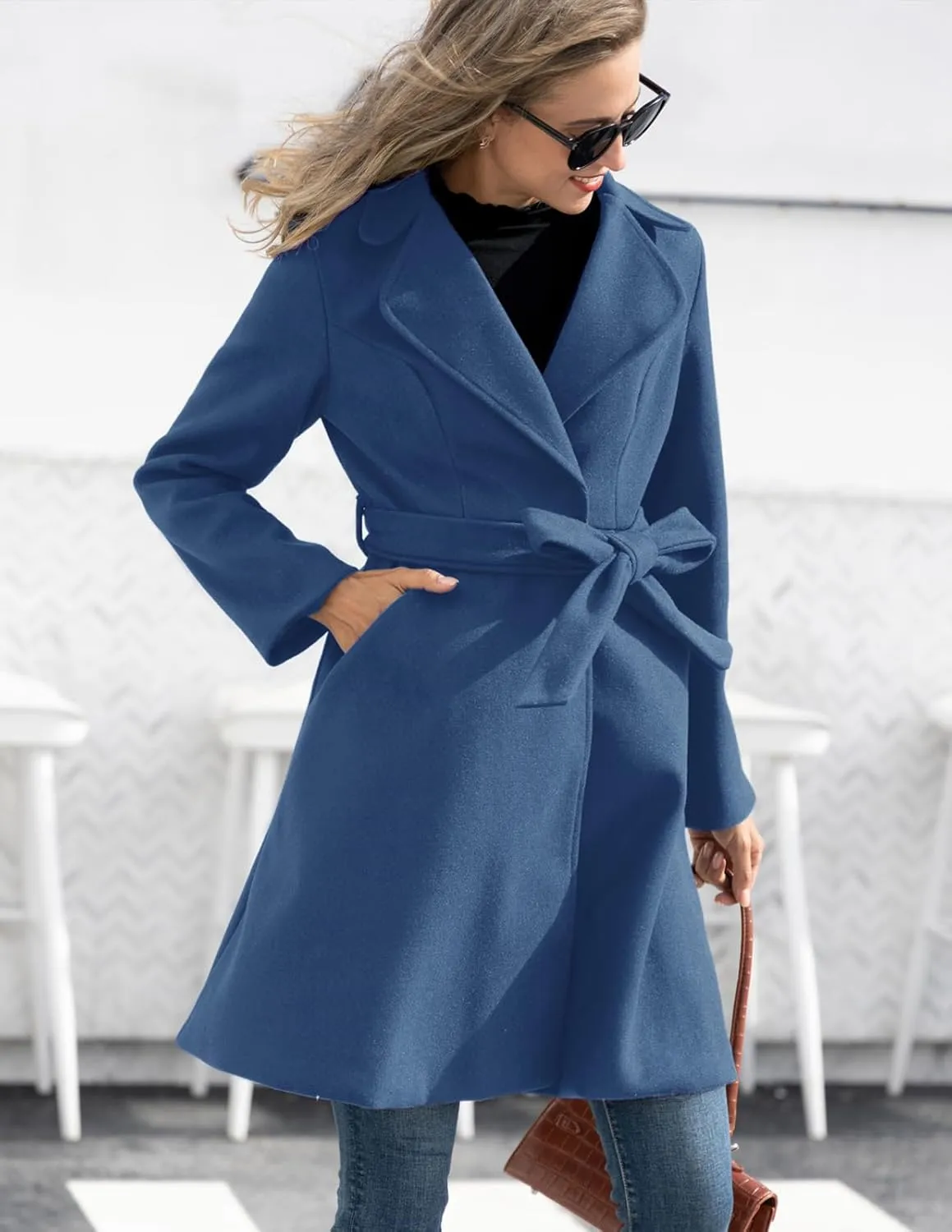 Kate Kasin Women A Line Peacoat Dress Coat Belted Notch Lapel Overcoat Fall Winter Trench Coats