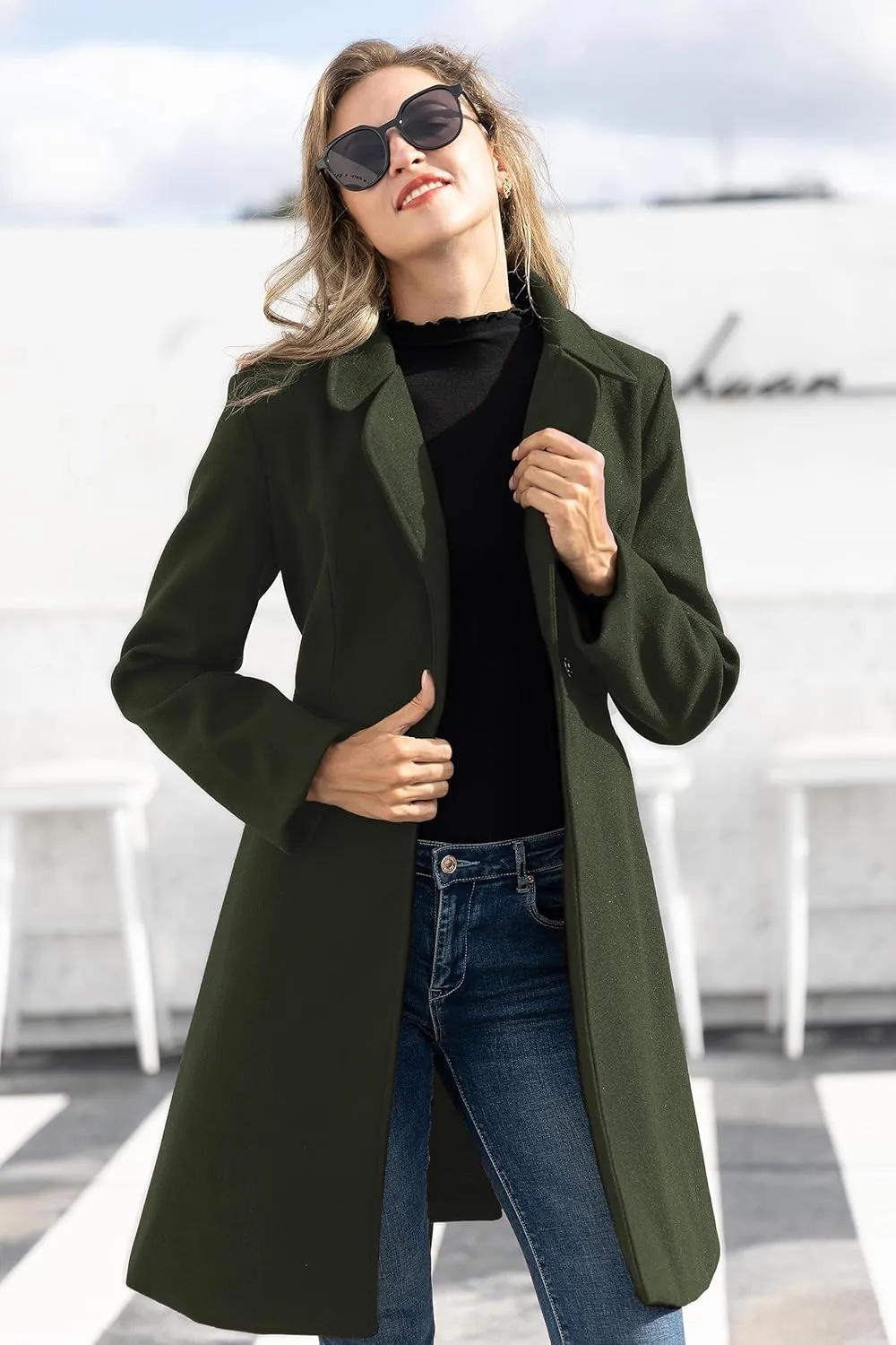Kate Kasin Women A Line Peacoat Dress Coat Belted Notch Lapel Overcoat Fall Winter Trench Coats