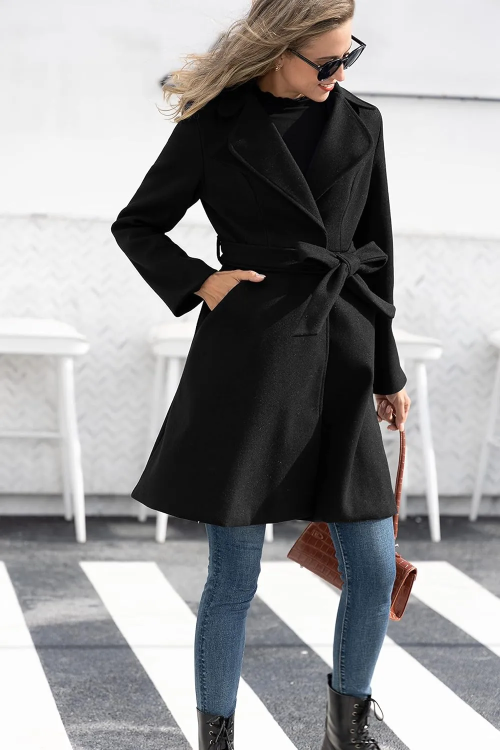 Kate Kasin Women A Line Peacoat Dress Coat Belted Notch Lapel Overcoat Fall Winter Trench Coats