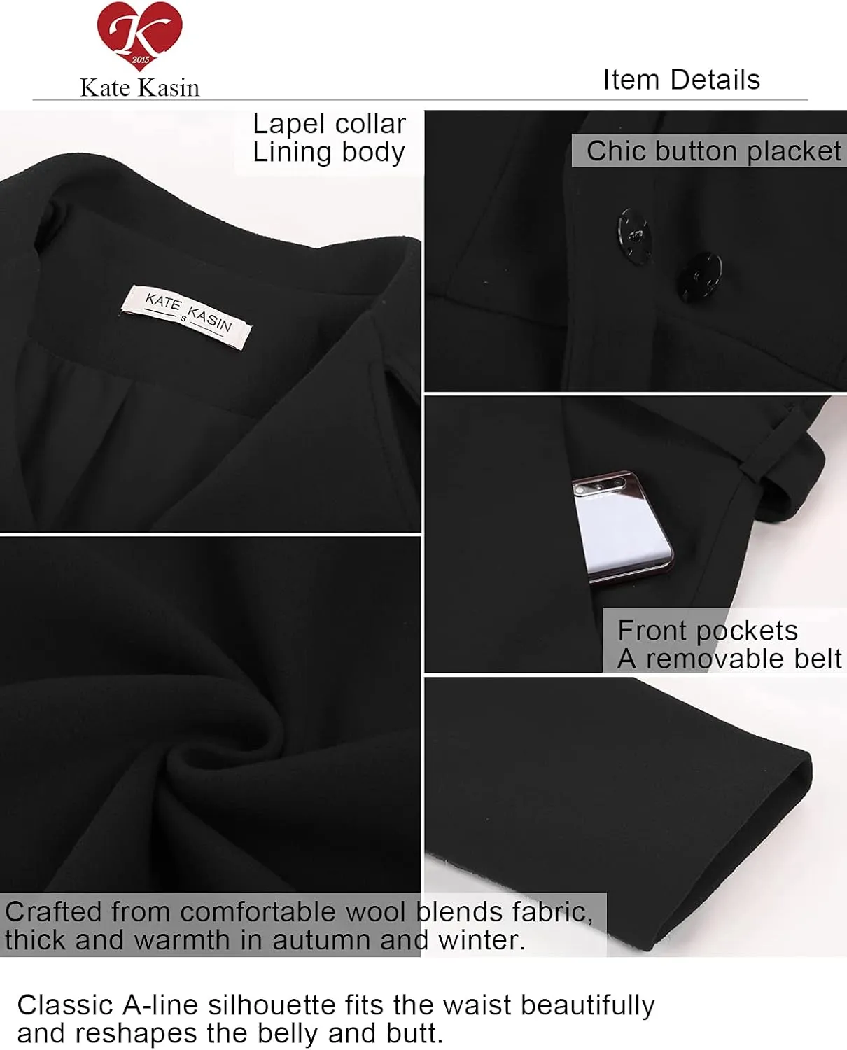 Kate Kasin Women A Line Peacoat Dress Coat Belted Notch Lapel Overcoat Fall Winter Trench Coats