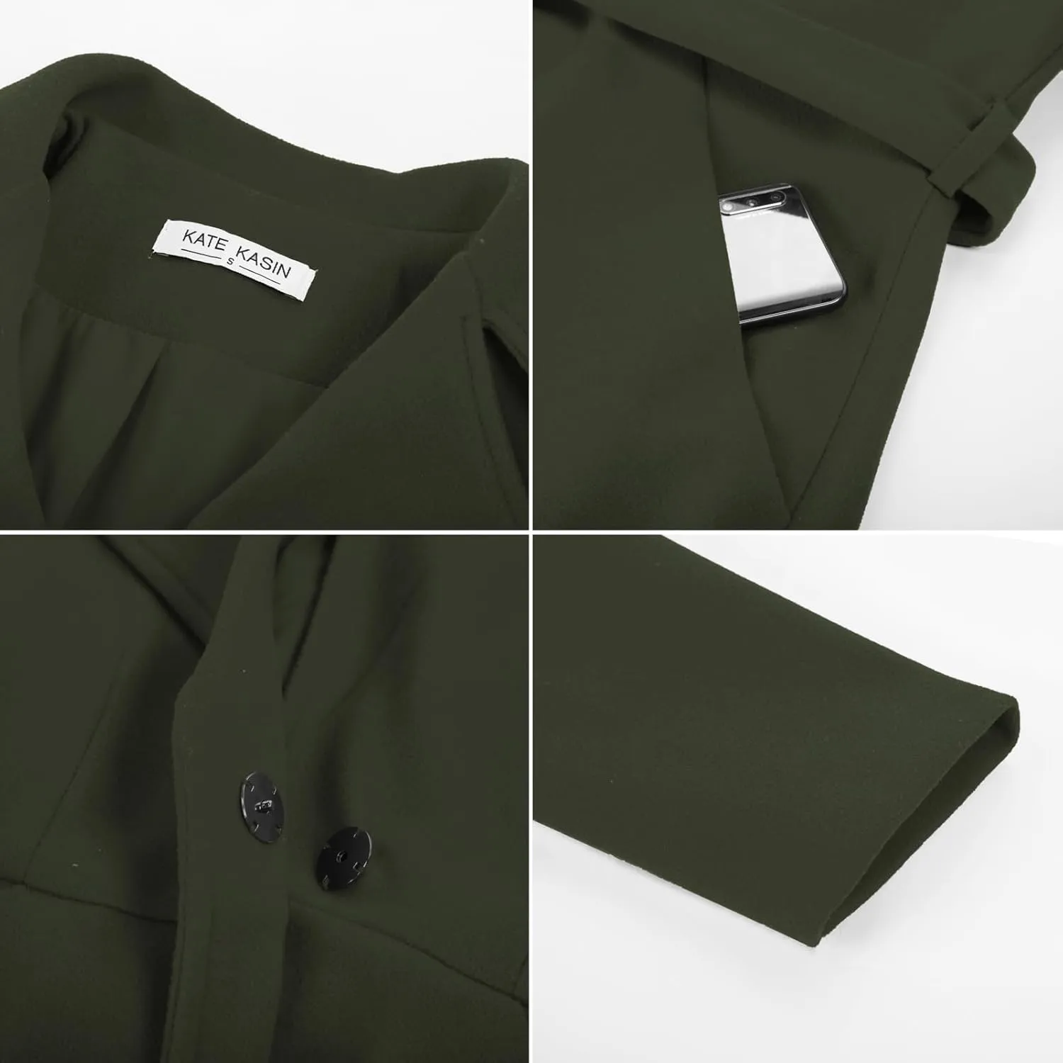 Kate Kasin Women A Line Peacoat Dress Coat Belted Notch Lapel Overcoat Fall Winter Trench Coats