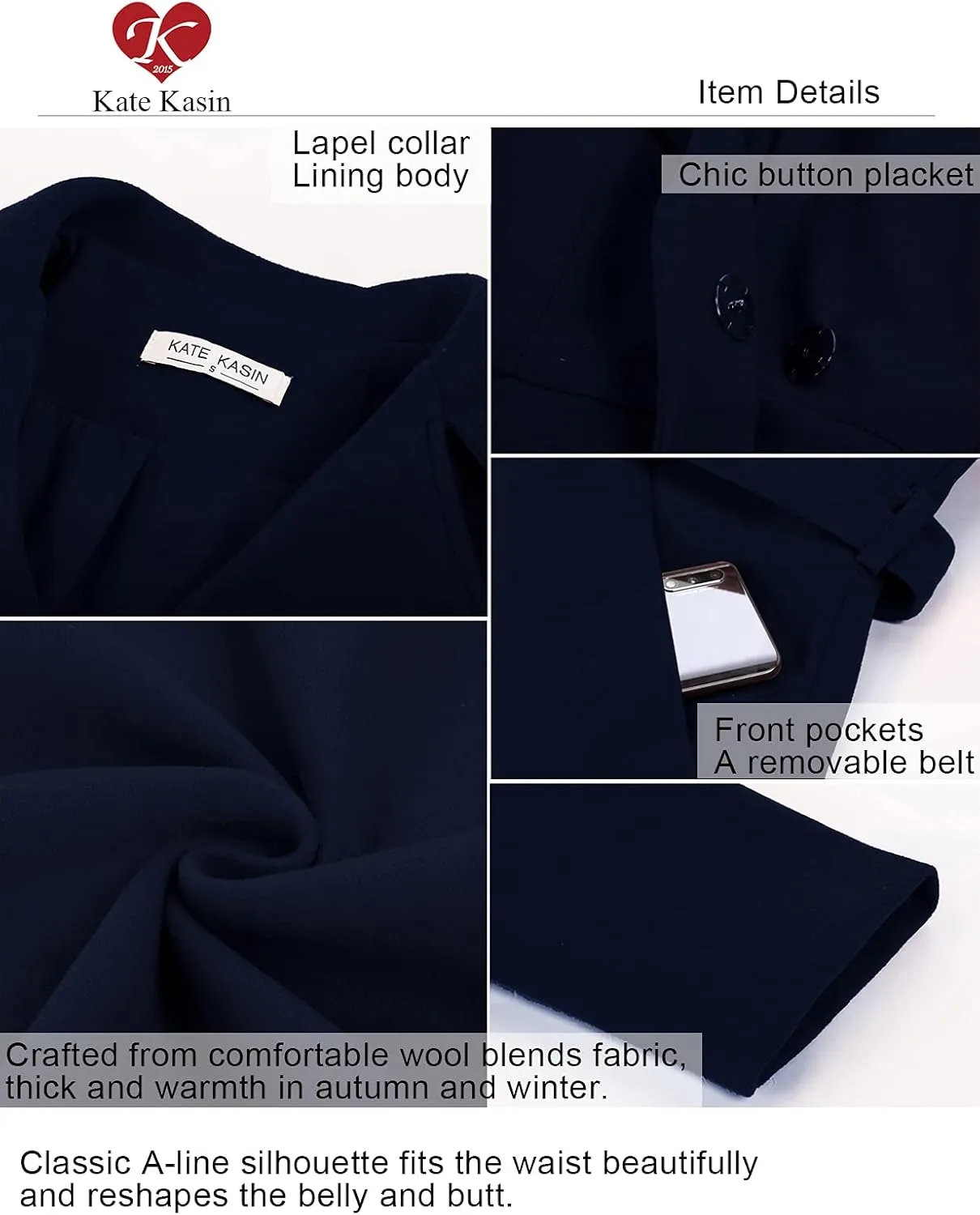 Kate Kasin Women A Line Peacoat Dress Coat Belted Notch Lapel Overcoat Fall Winter Trench Coats