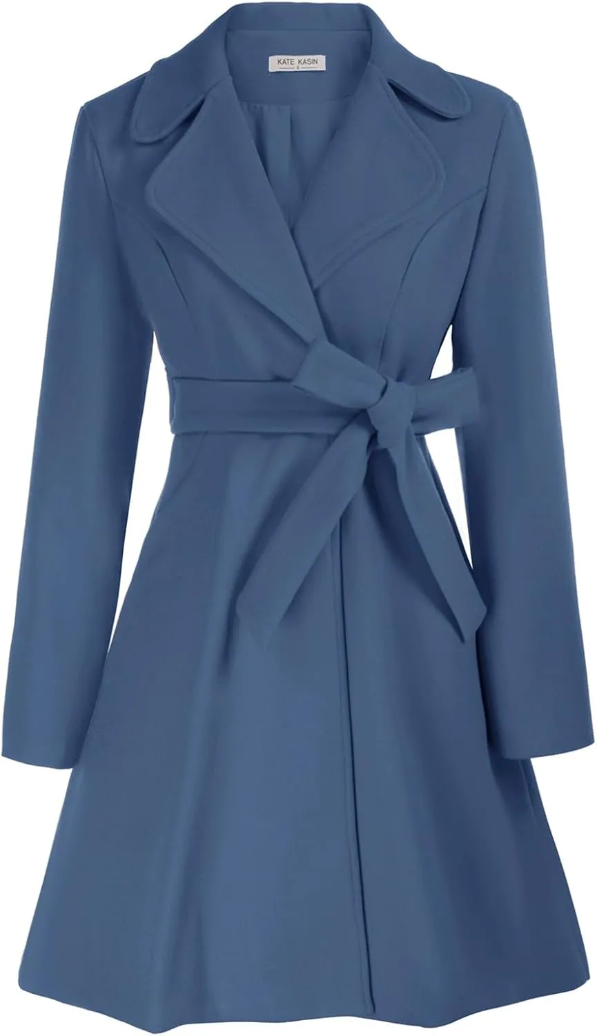 Kate Kasin Women A Line Peacoat Dress Coat Belted Notch Lapel Overcoat Fall Winter Trench Coats