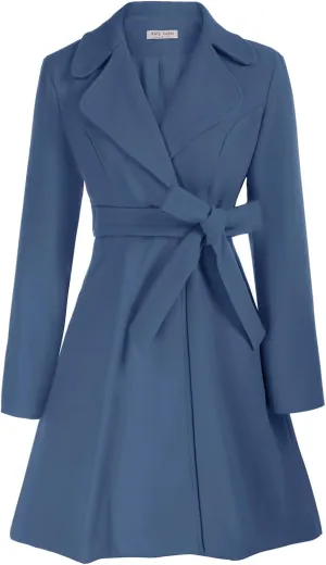 Kate Kasin Women A Line Peacoat Dress Coat Belted Notch Lapel Overcoat Fall Winter Trench Coats
