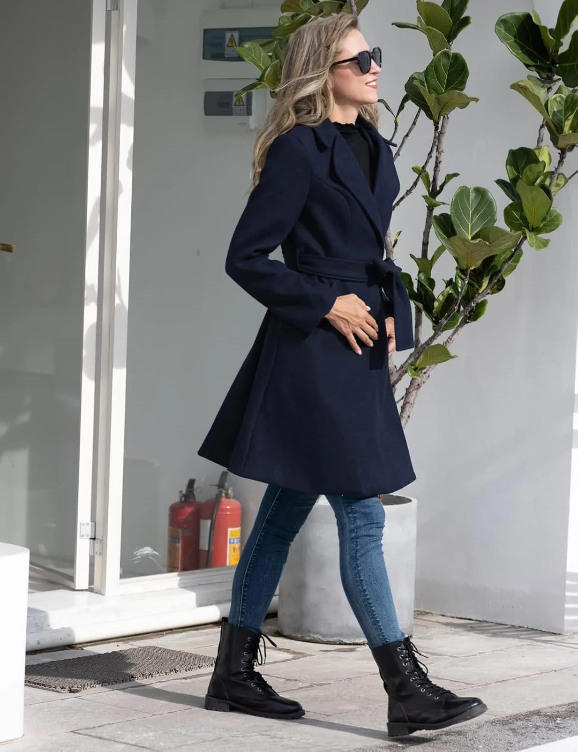 Kate Kasin Women A Line Peacoat Dress Coat Belted Notch Lapel Overcoat Fall Winter Trench Coats