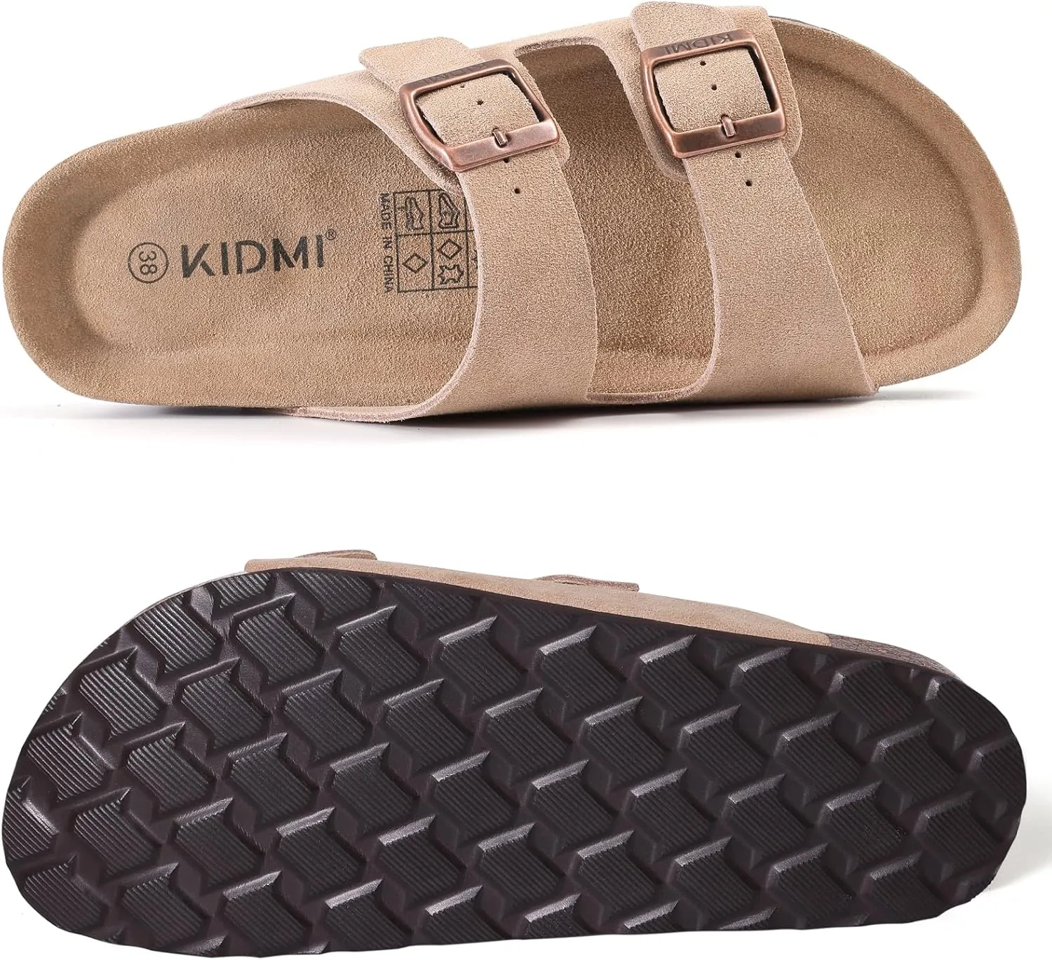 KIDMI Women's Genuine Suede Sandals Cork Footbed Summer Adjustable Slide Sandals