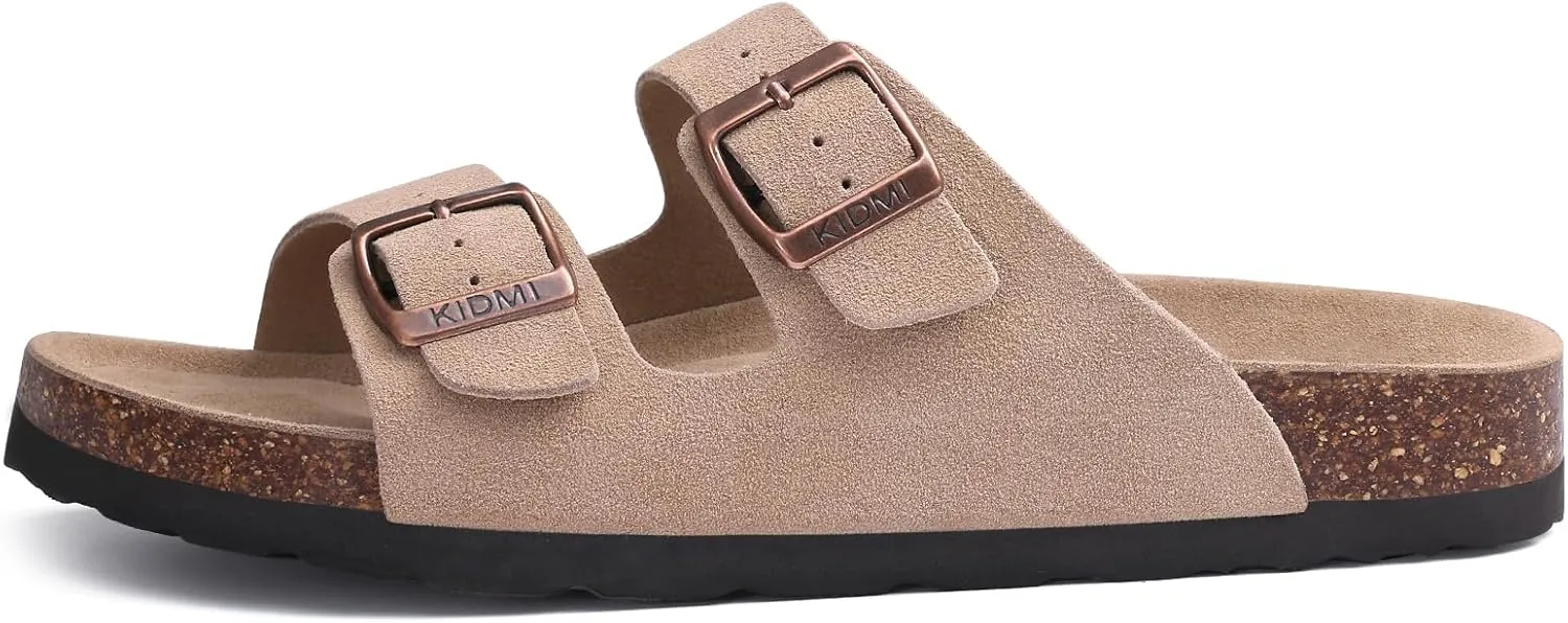 KIDMI Women's Genuine Suede Sandals Cork Footbed Summer Adjustable Slide Sandals