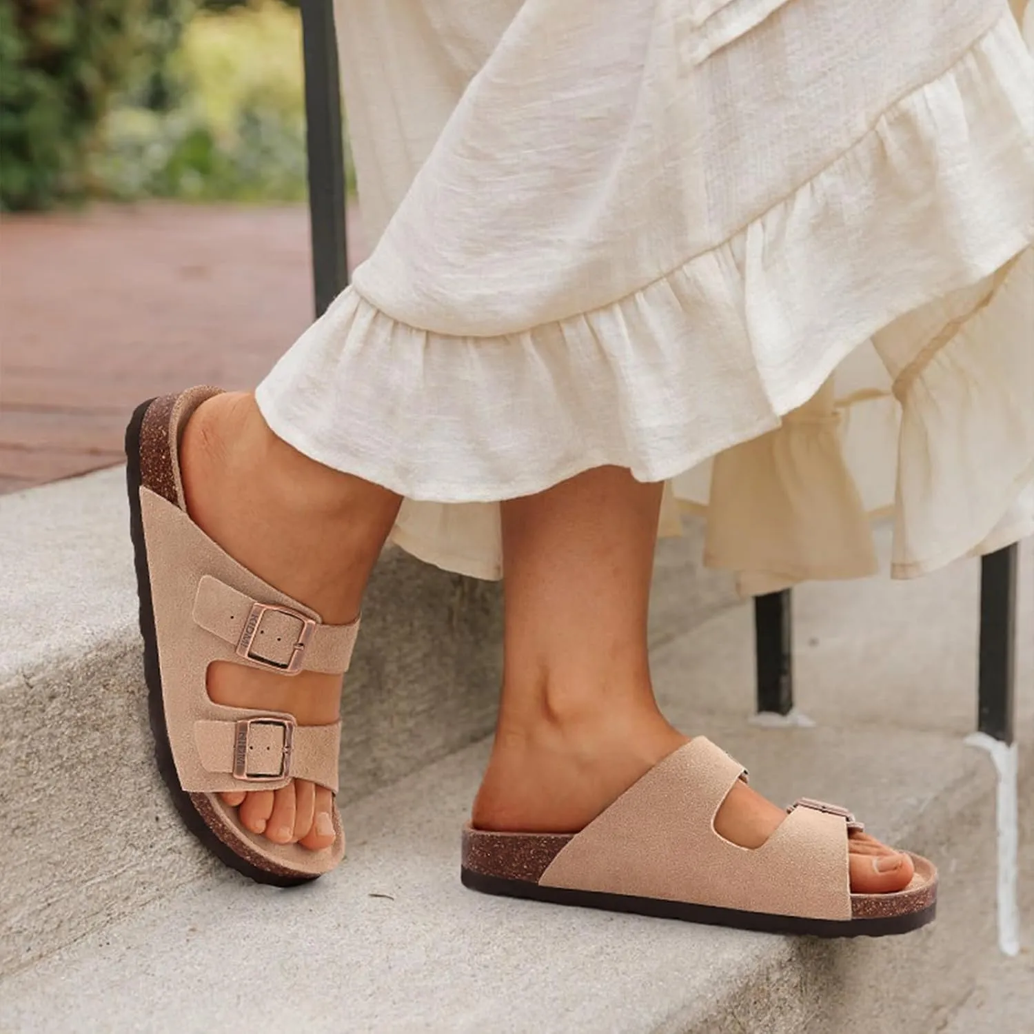 KIDMI Women's Genuine Suede Sandals Cork Footbed Summer Adjustable Slide Sandals