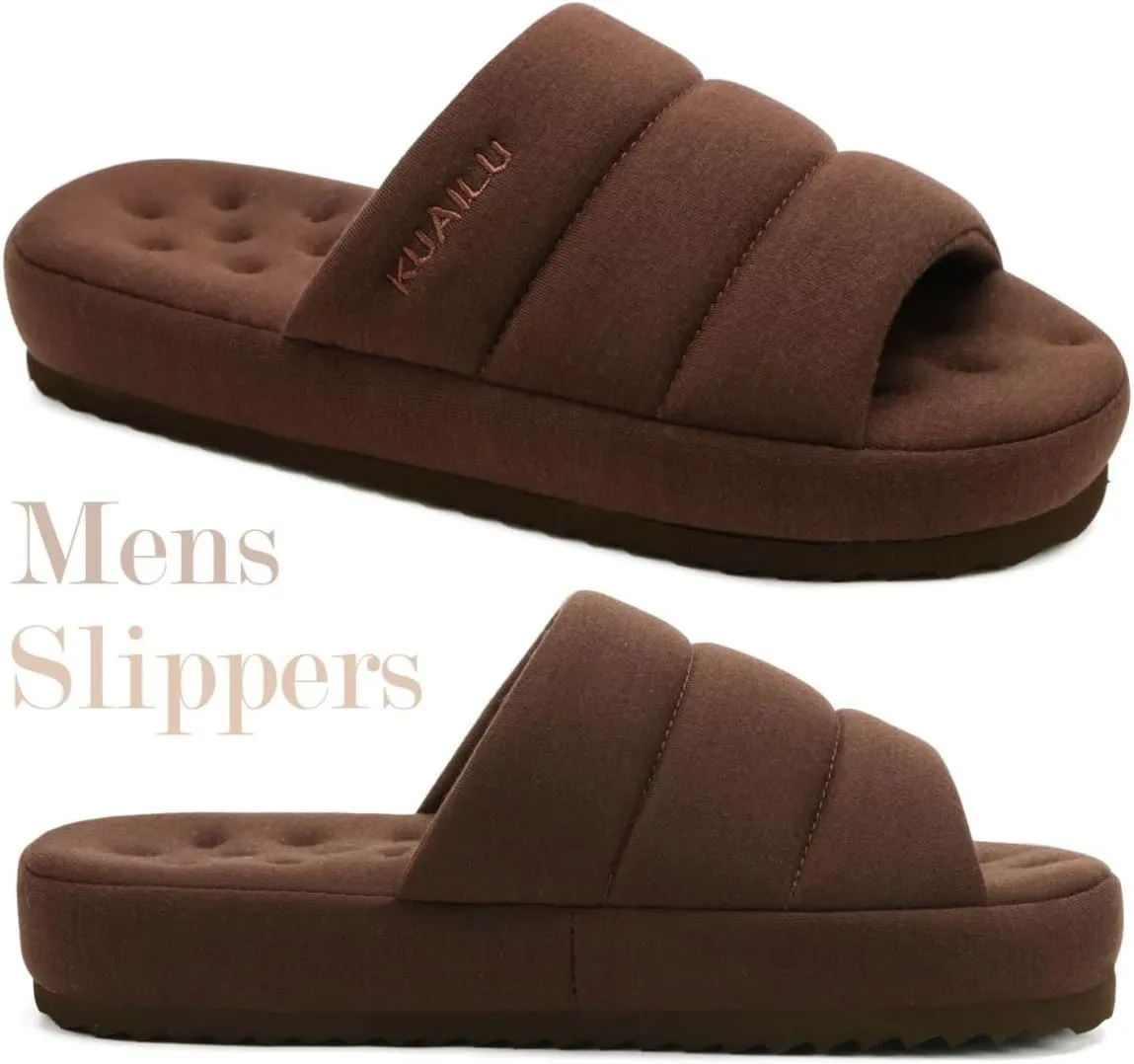 KuaiLu Men's Fashion Quilted Cotton-blend Fabric Sandal Slippers Cozy Memory Foam Indoor/Outdoor House Shoes with Lightweight Soft Cushion Footbed Hard Rubber Sole