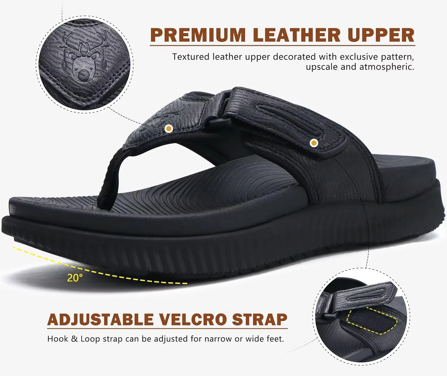 KuaiLu Mens Orthotic Flip Flops Men's Recovery Walking Sandals Adjustable Thick Athletic Cushion Sport Slides for Man, Water Resistant & Lightweight, Soft Comfort Fit & Arch Support