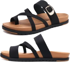 KuaiLu Womens Orthopedic Sandals With Comfortable Arch Support Cushion Yoga Mat Slides Fashion Summer Beach Flat Sandles Adjustable Open Toe Travel Outdoor Plantar Fasciitis Flip Flops US Size 5-11
