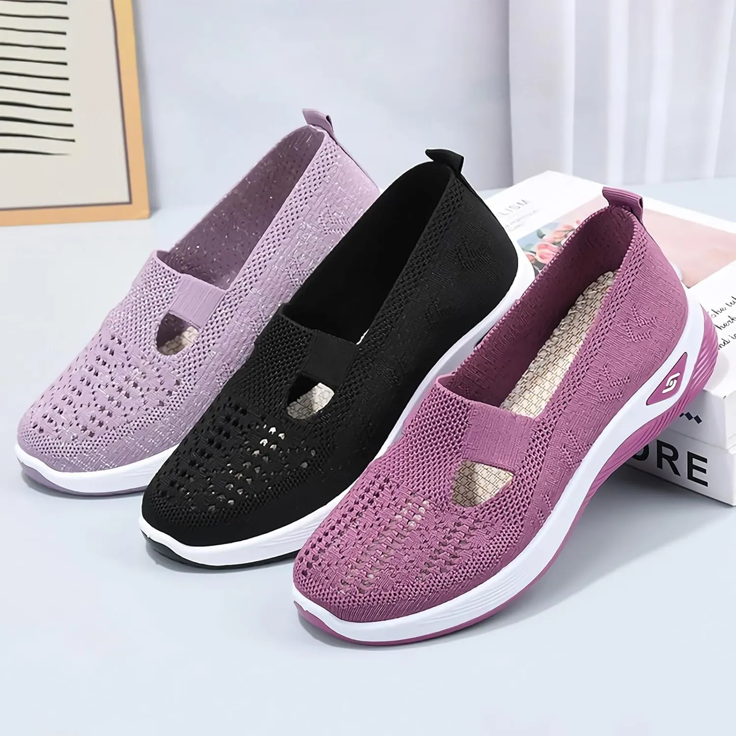 Ladies Hiking Boots Women's Woven Breathable Soft Sole Shoes, Outdoor Hiking Mesh Up Knit Stretch Orthopedic Sneakers, Comfortable Mesh Up Stretch Casual Sneakers, Slip-on Orthopedic Wide Shoes