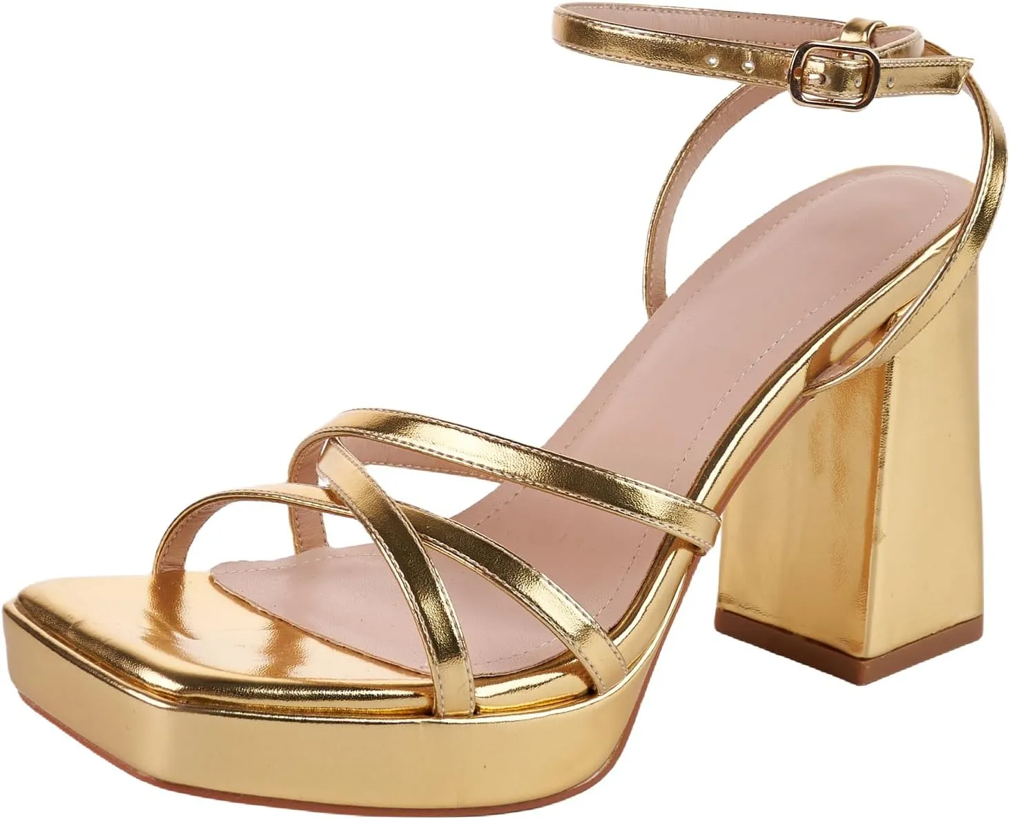 LALA IKAI Women's Platform Strappy Heels Chunky Block Heeled Sandals with Ankle Strap Square Open Toe for Wedding Party Y2K Dress Shoes