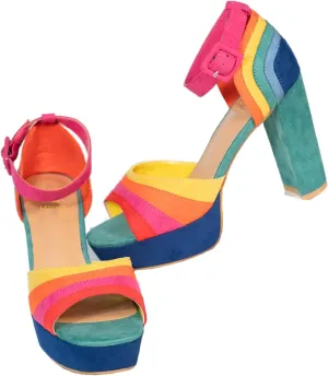 LEHOOR Women Rainbow High Chunky Heel Sandals Platform Round Peep Toe Ankle Strap Pumps Suede 4 Inch Block Heel Multicolor Buckle Summer Heels Cute Sexy Dress Party Sandals 4-11 M US