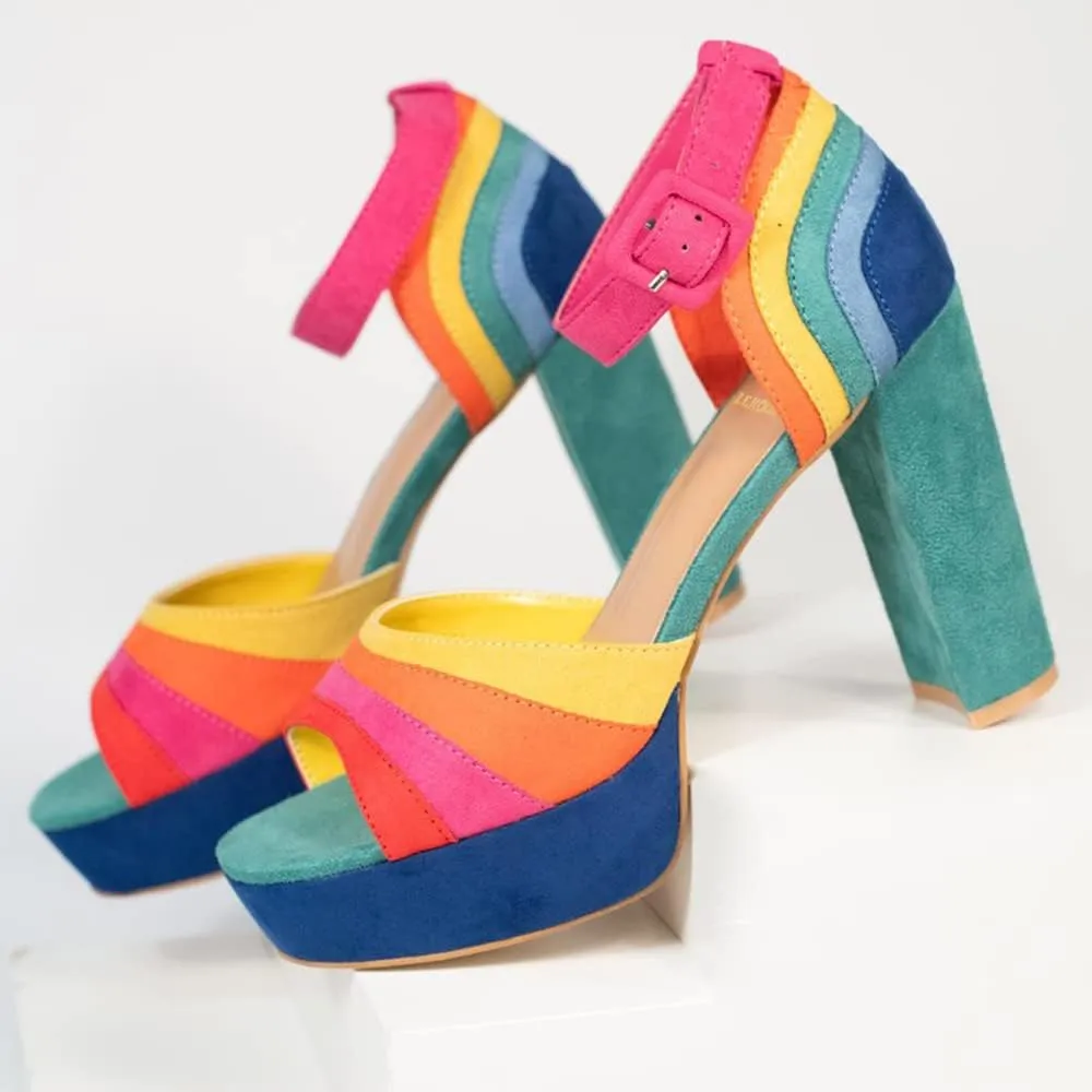 LEHOOR Women Rainbow High Chunky Heel Sandals Platform Round Peep Toe Ankle Strap Pumps Suede 4 Inch Block Heel Multicolor Buckle Summer Heels Cute Sexy Dress Party Sandals 4-11 M US