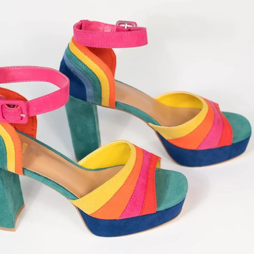 LEHOOR Women Rainbow High Chunky Heel Sandals Platform Round Peep Toe Ankle Strap Pumps Suede 4 Inch Block Heel Multicolor Buckle Summer Heels Cute Sexy Dress Party Sandals 4-11 M US
