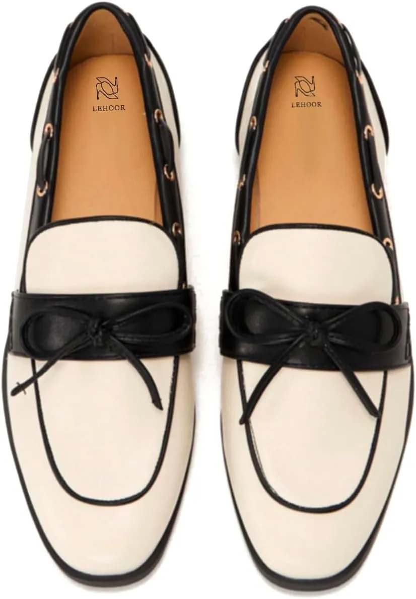 LEHOOR Women Square Closed Toe Flats Bow Slip On Flat Penny Loafer Matte Knotted Flat Shoes Comfort Two-Tone Oxford Loafers Office Ladies Work Daily Bass Coach Loafers Driver Club Spring 4-11 M US