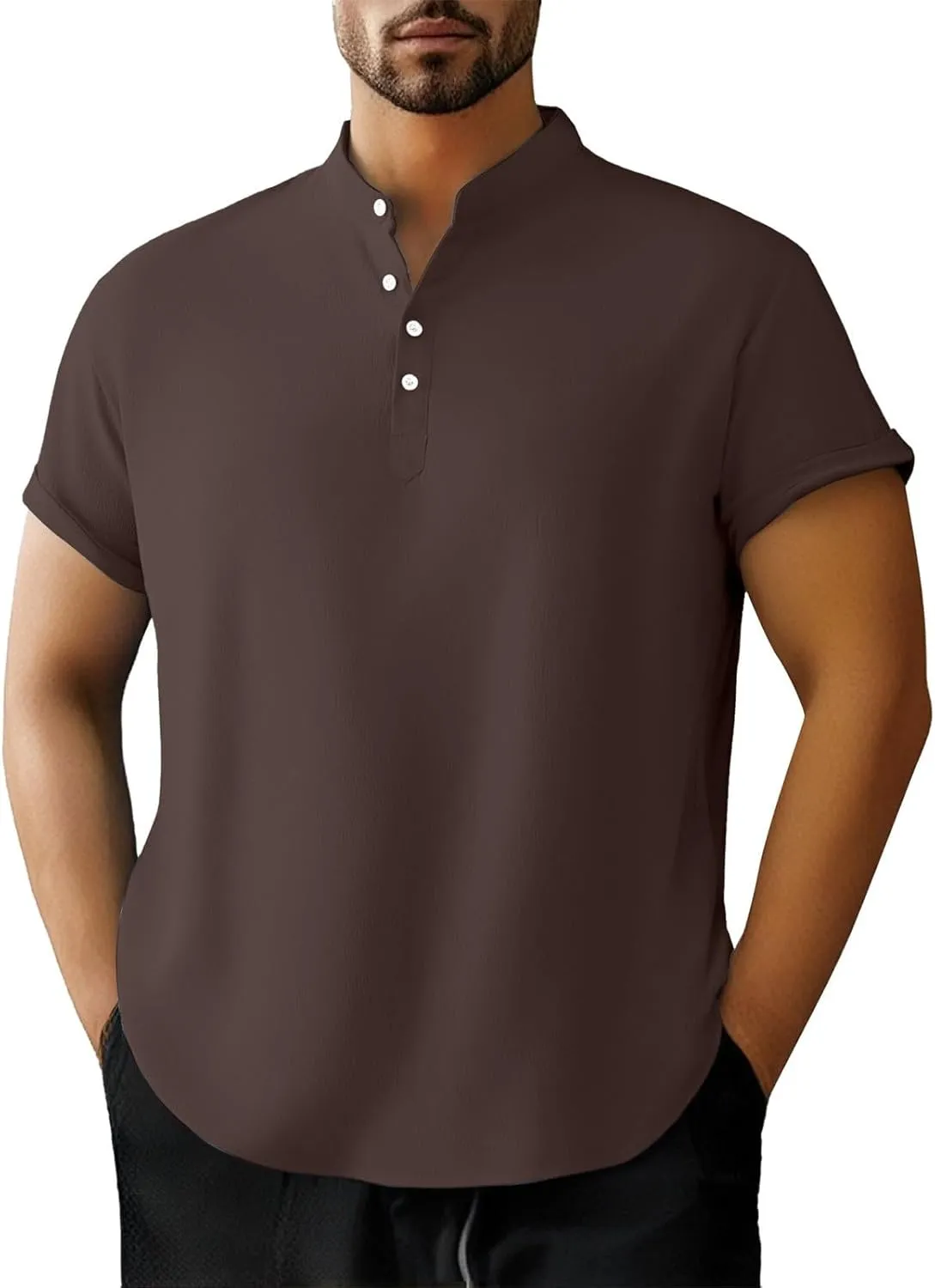 Linen Henley Shirt for Men Short Sleeve Button Down Band Collar Tops Loose Fit Casual Summer Beach Hippie T Shirts
