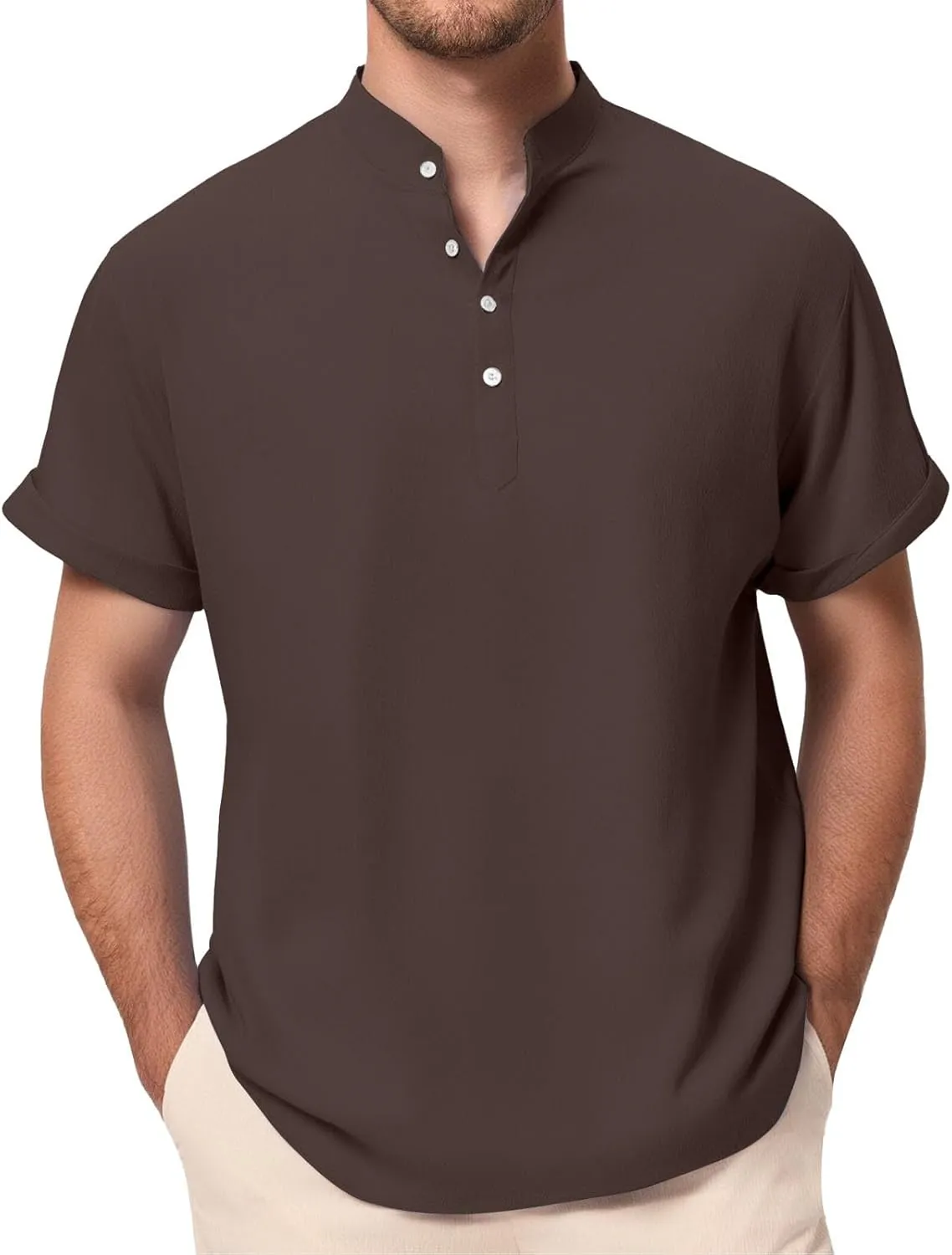 Linen Henley Shirt for Men Short Sleeve Button Down Band Collar Tops Loose Fit Casual Summer Beach Hippie T Shirts