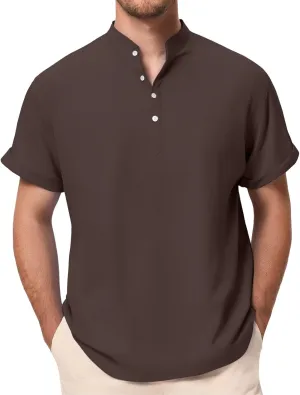 Linen Henley Shirt for Men Short Sleeve Button Down Band Collar Tops Loose Fit Casual Summer Beach Hippie T Shirts