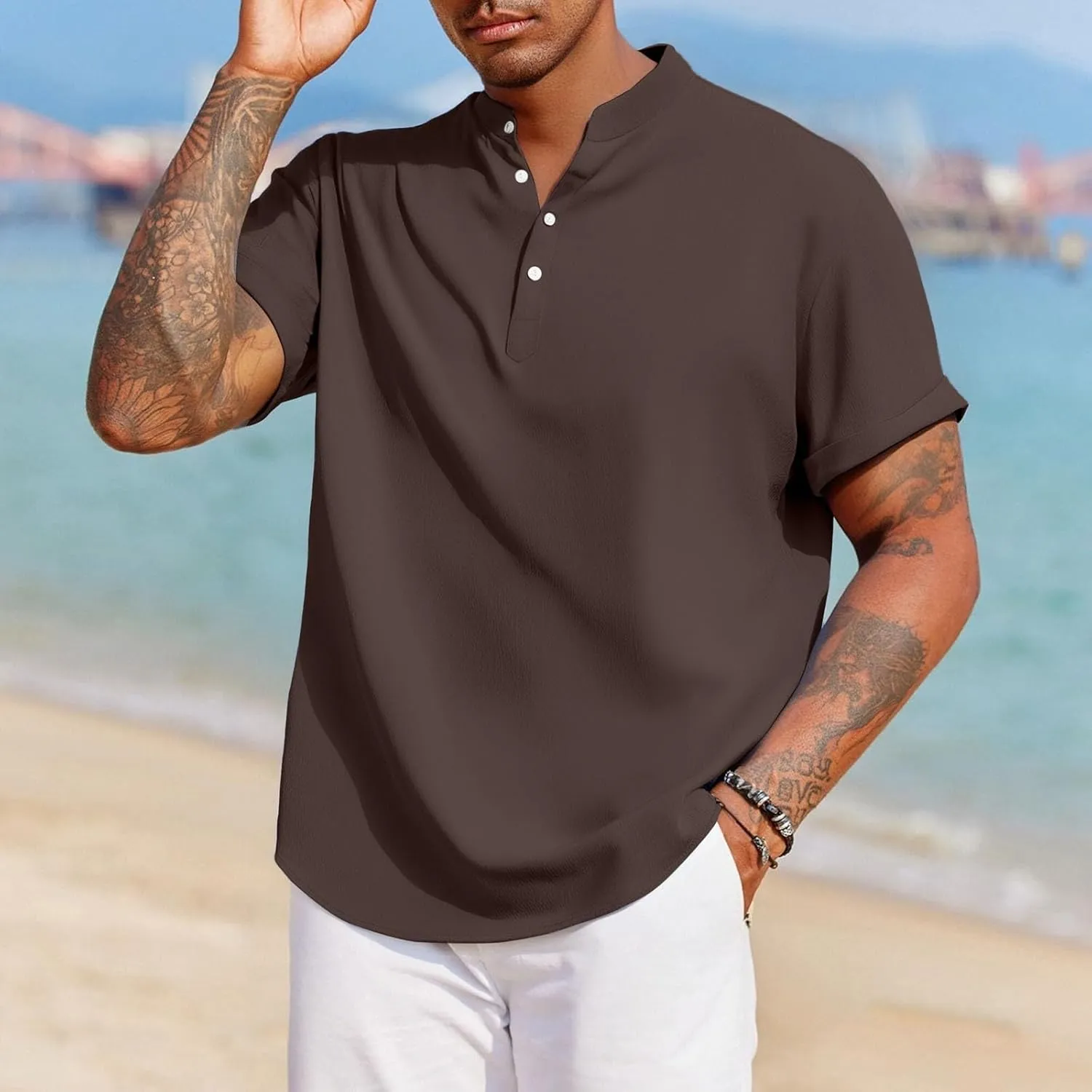 Linen Henley Shirt for Men Short Sleeve Button Down Band Collar Tops Loose Fit Casual Summer Beach Hippie T Shirts
