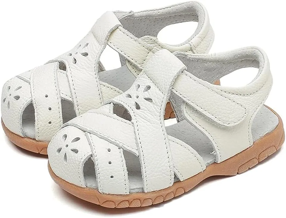 Little Girl's Soft Leather Closed Toe Sandals Toddler Kids Summer T-Strap Cutout Princess Dress Shoes