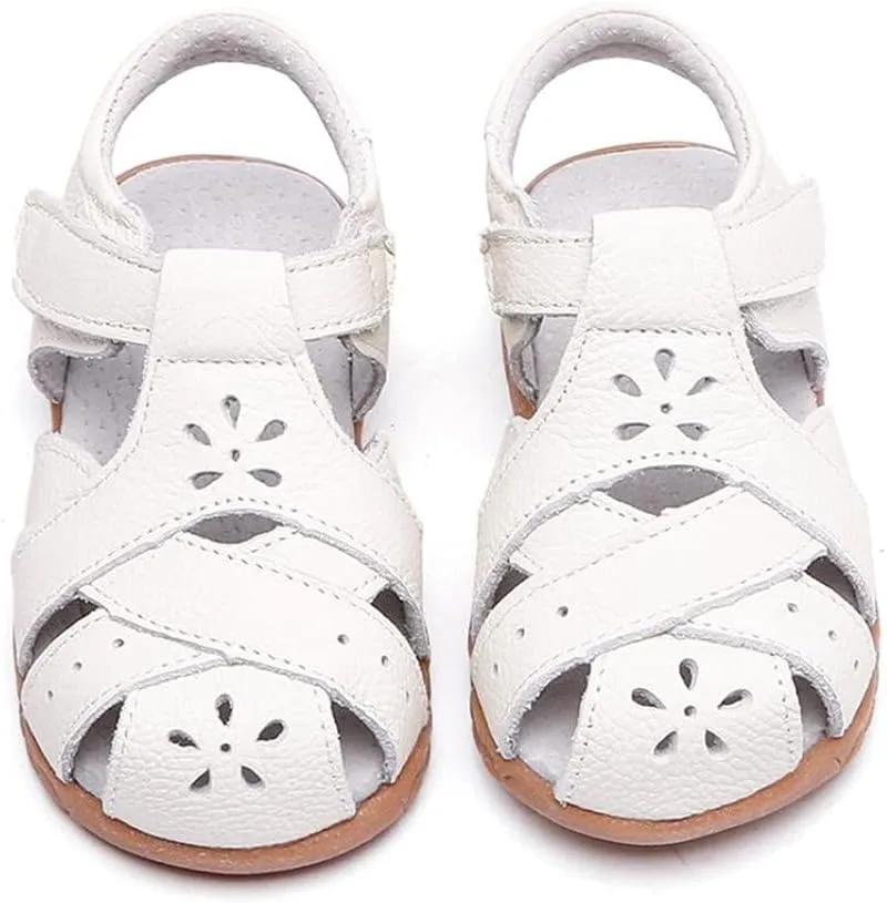 Little Girl's Soft Leather Closed Toe Sandals Toddler Kids Summer T-Strap Cutout Princess Dress Shoes
