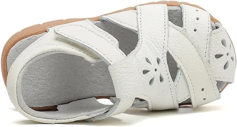 Little Girl's Soft Leather Closed Toe Sandals Toddler Kids Summer T-Strap Cutout Princess Dress Shoes