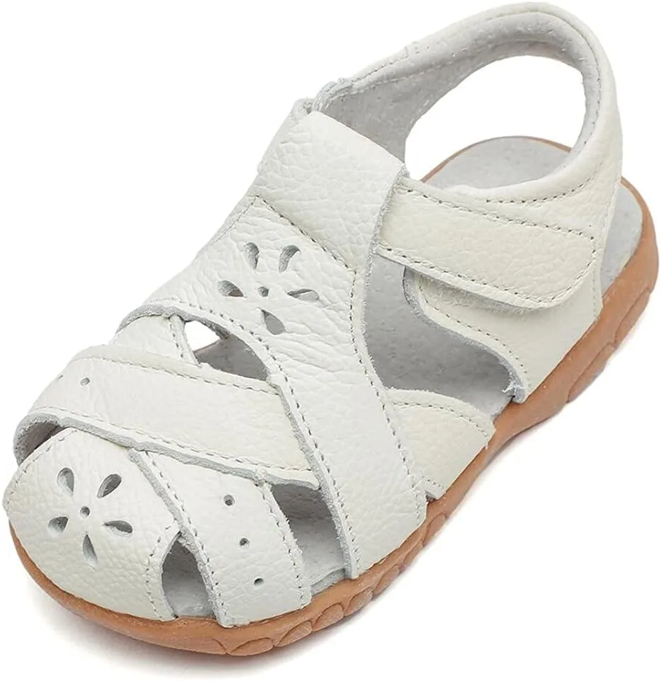 Little Girl's Soft Leather Closed Toe Sandals Toddler Kids Summer T-Strap Cutout Princess Dress Shoes