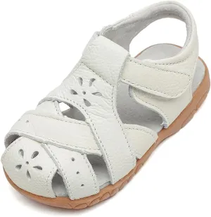 Little Girl's Soft Leather Closed Toe Sandals Toddler Kids Summer T-Strap Cutout Princess Dress Shoes
