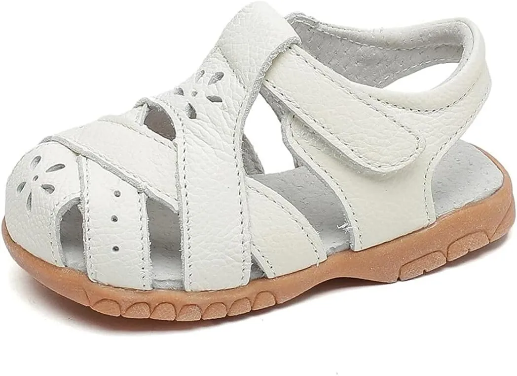Little Girl's Soft Leather Closed Toe Sandals Toddler Kids Summer T-Strap Cutout Princess Dress Shoes