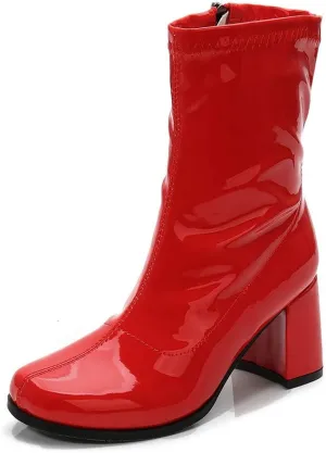 LIURUIJIA Women's Gogo Boots Mid Calf Block Heel Square Toe Zipper Boots Low Heel Short Booties