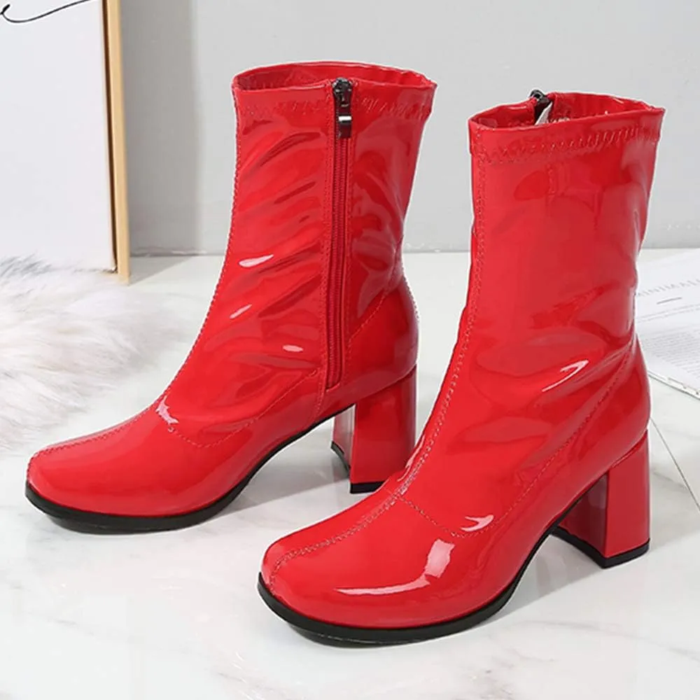 LIURUIJIA Women's Gogo Boots Mid Calf Block Heel Square Toe Zipper Boots Low Heel Short Booties