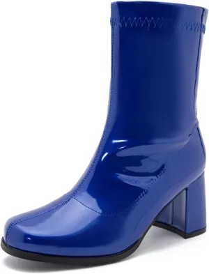 LIURUIJIA Women's Gogo Boots Mid Calf Block Heel Square Toe Zipper Boots Low Heel Short Booties