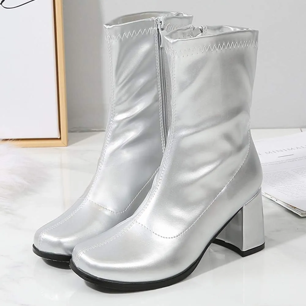 LIURUIJIA Women's Gogo Boots Mid Calf Block Heel Square Toe Zipper Boots Low Heel Short Booties