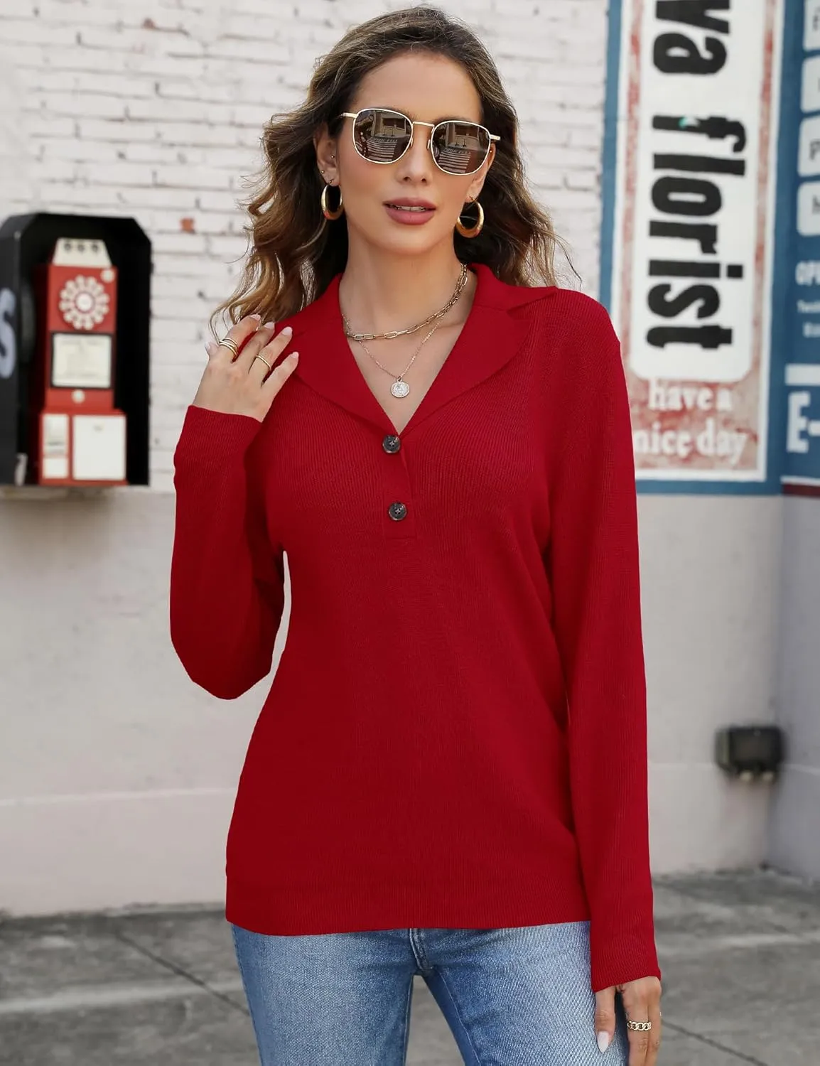 LOMON Womens Fall Sweaters 2024 Knitted V-Neck Collared Business Button Pullover Long Sleeve Winter Dressy Casual Jumper