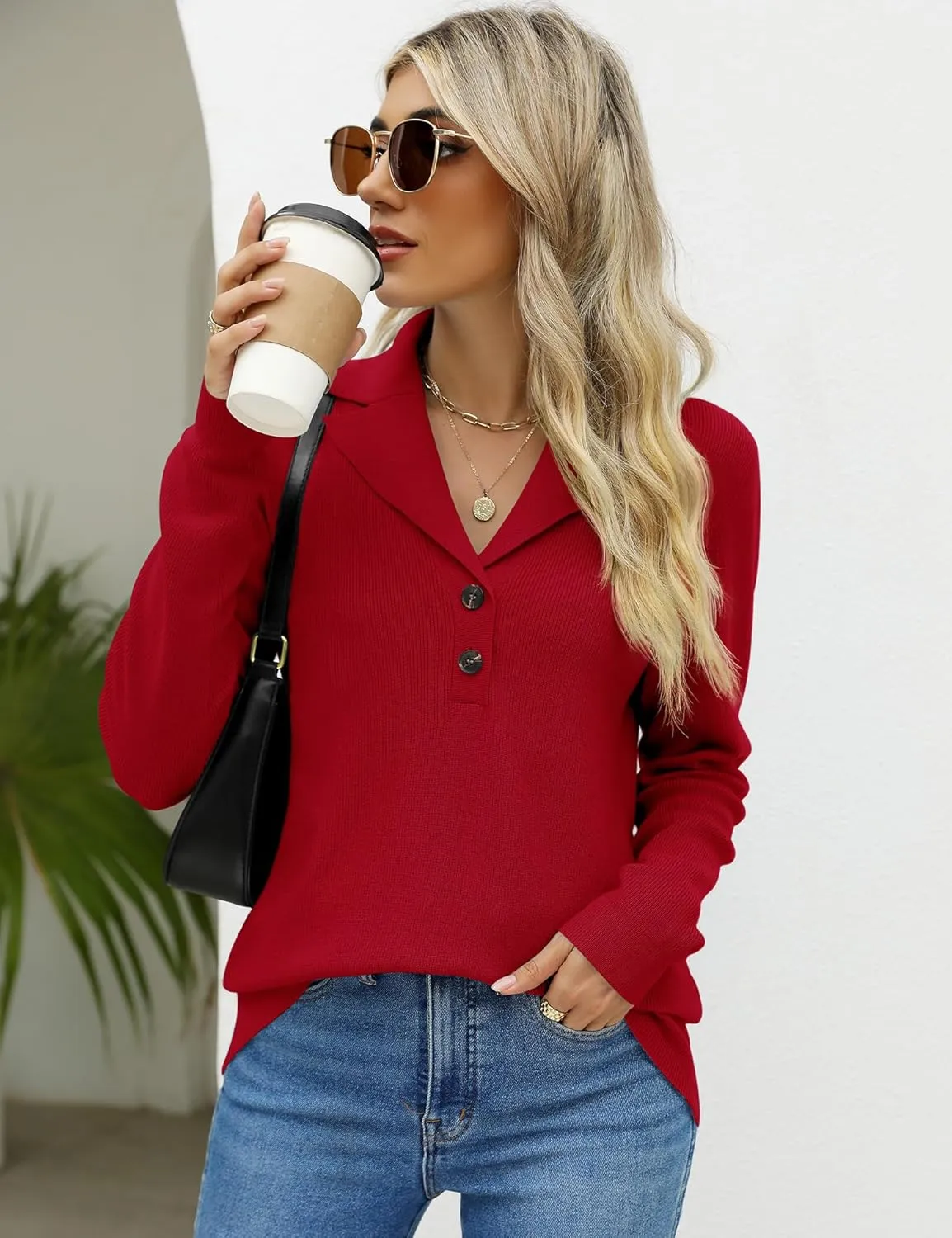 LOMON Womens Fall Sweaters 2024 Knitted V-Neck Collared Business Button Pullover Long Sleeve Winter Dressy Casual Jumper