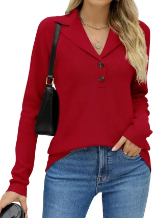 LOMON Womens Fall Sweaters 2024 Knitted V-Neck Collared Business Button Pullover Long Sleeve Winter Dressy Casual Jumper