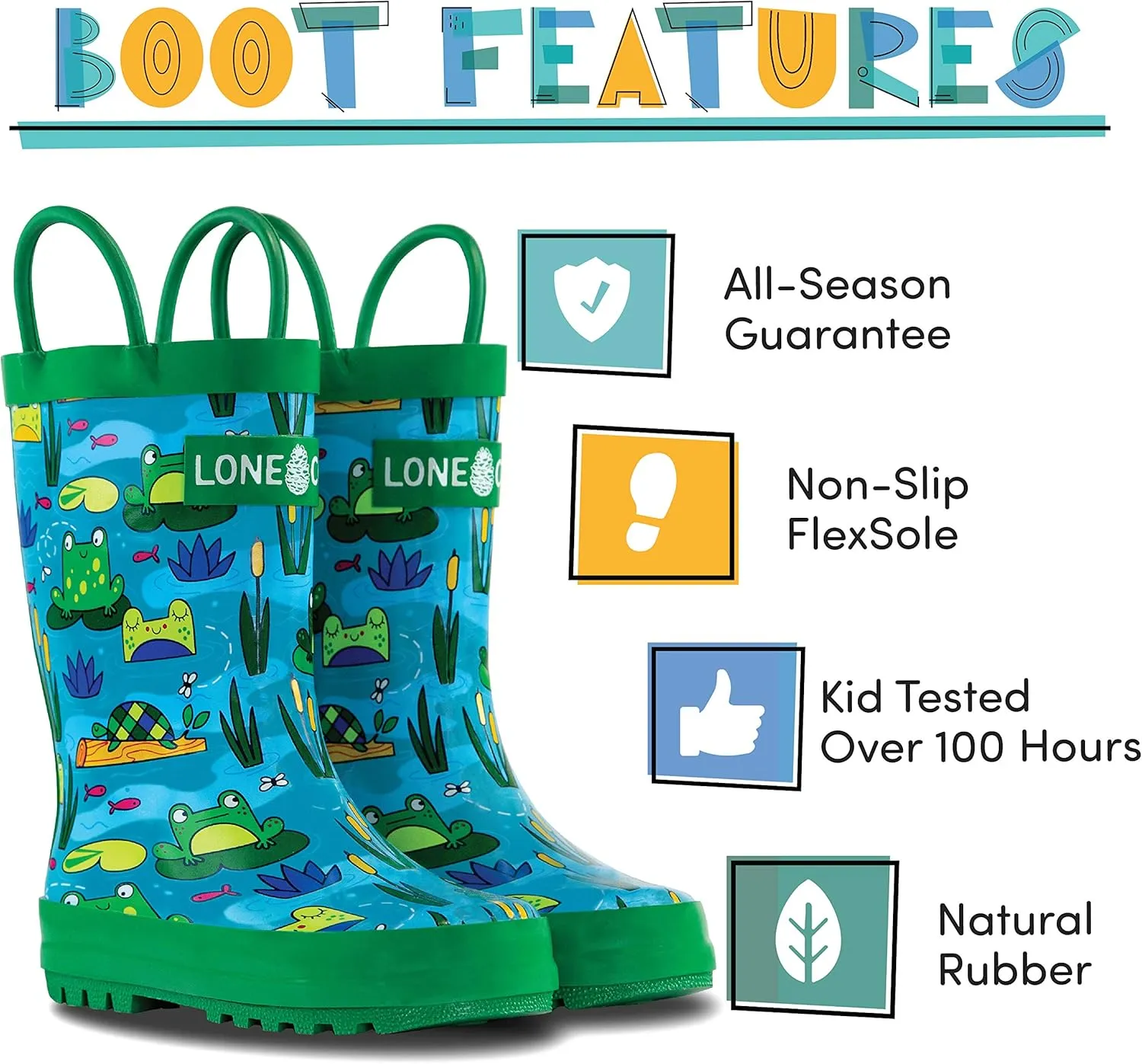 Lone Cone Kids Rain Boots for Girls & Boys – Waterproof Natural Rubber Toddler Rain Boots with Non-Slip Outsole & Easy Pull Handles – Solid, Pattern & Glitter Designs