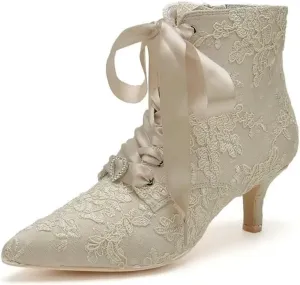 Low Heel Wedding Boots for Bride Lace Bridal Ankle Boots Wedding Shoes Bride Heels