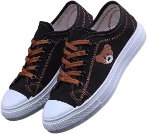 Low-Top Canvas Sneakers for Women – Cute Bear & Floral Design, Soft Lining, Anti-Slip Sole, Casual Lace up Canvas Sneakers,Casual White Tennis Walking Shoes