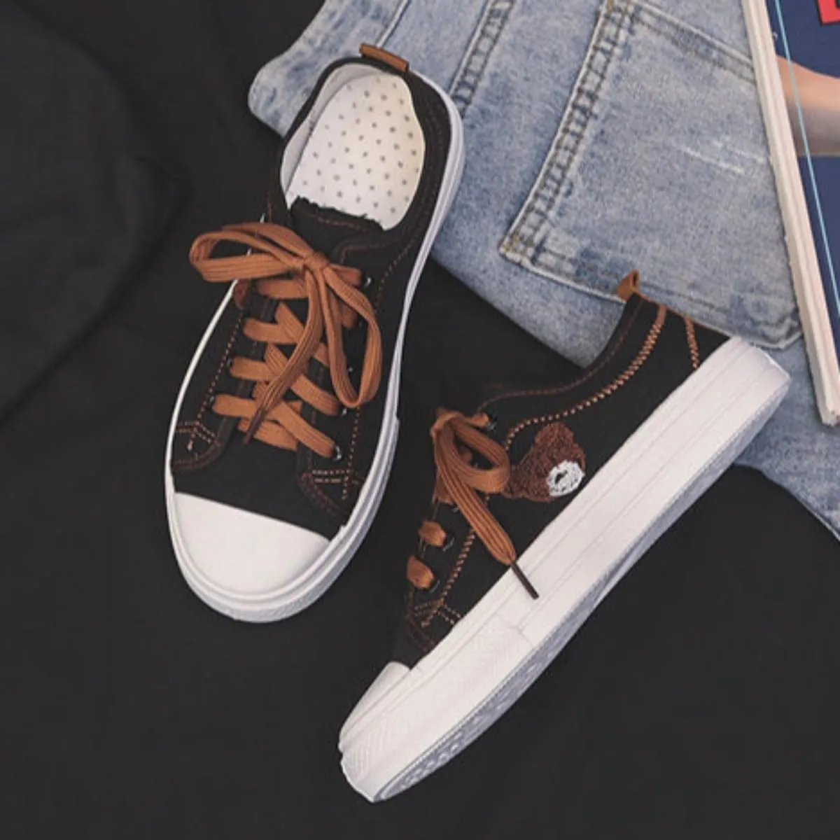 Low-Top Canvas Sneakers for Women – Cute Bear & Floral Design, Soft Lining, Anti-Slip Sole, Casual Lace up Canvas Sneakers,Casual White Tennis Walking Shoes