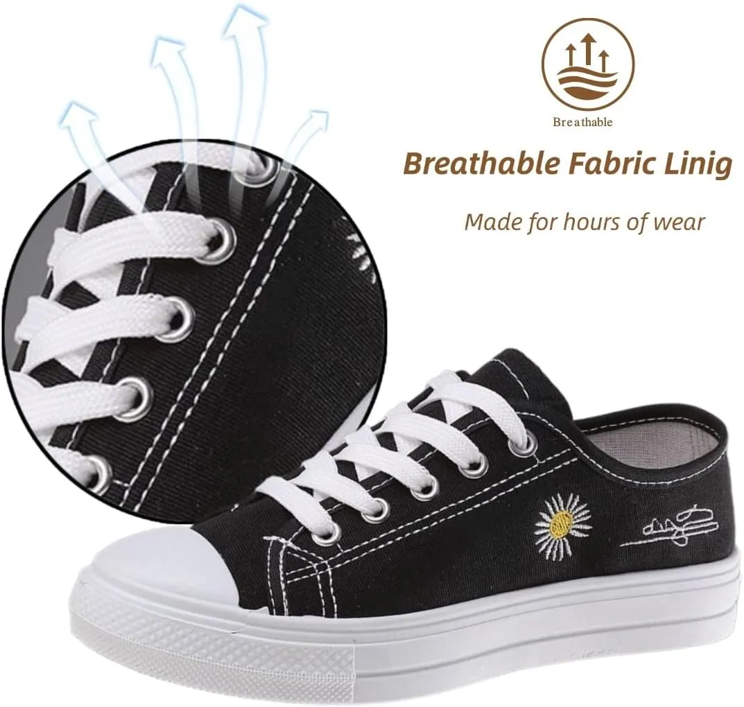 Low-Top Canvas Sneakers for Women – Cute Bear & Floral Design, Soft Lining, Anti-Slip Sole, Casual Lace up Canvas Sneakers,Casual White Tennis Walking Shoes
