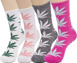 lucky ben 4pair-pack Marijuana Weed Leaf Printed Cotton High Socks, Mix Colors, fit for shoe size 7-11