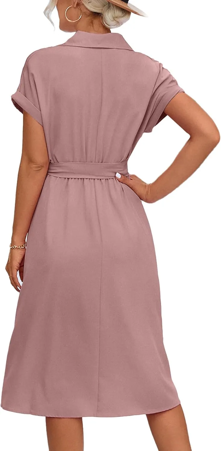 LYANER Women's Collar V Neck Button Front Tie Waist Short Sleeve Ruffle Hem Midi Dress