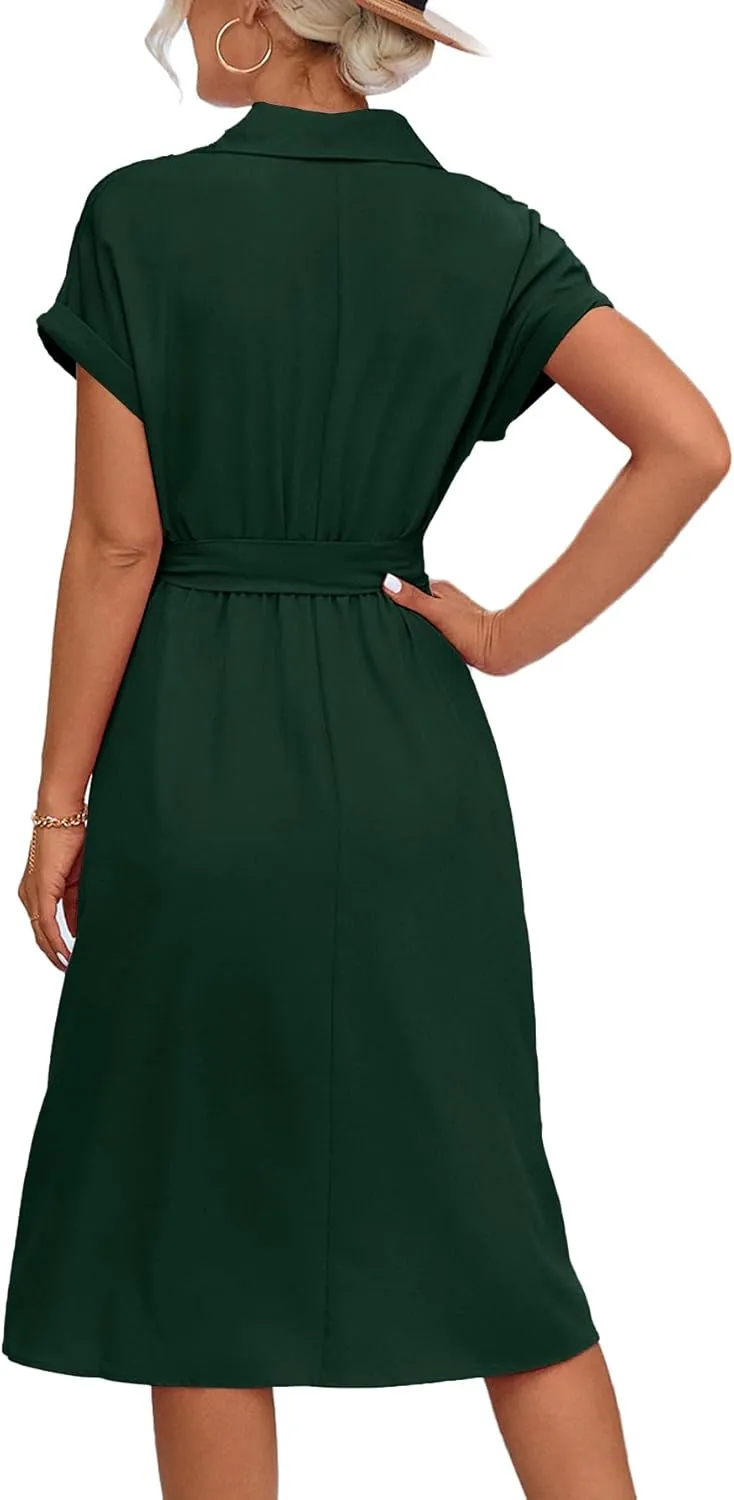 LYANER Women's Collar V Neck Button Front Tie Waist Short Sleeve Ruffle Hem Midi Dress