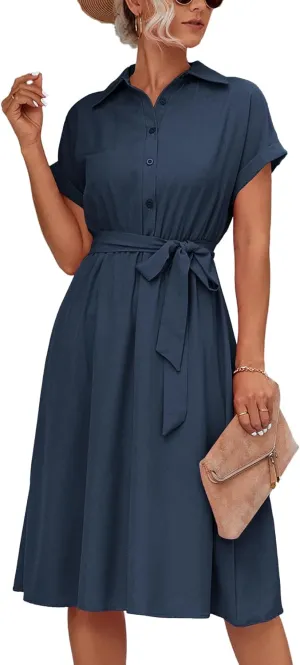 LYANER Women's Collar V Neck Button Front Tie Waist Short Sleeve Ruffle Hem Midi Dress